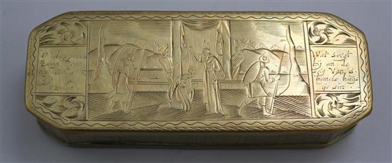 An 18th century Dutch engraved copper and brass tobacco box, largest 6.25in.